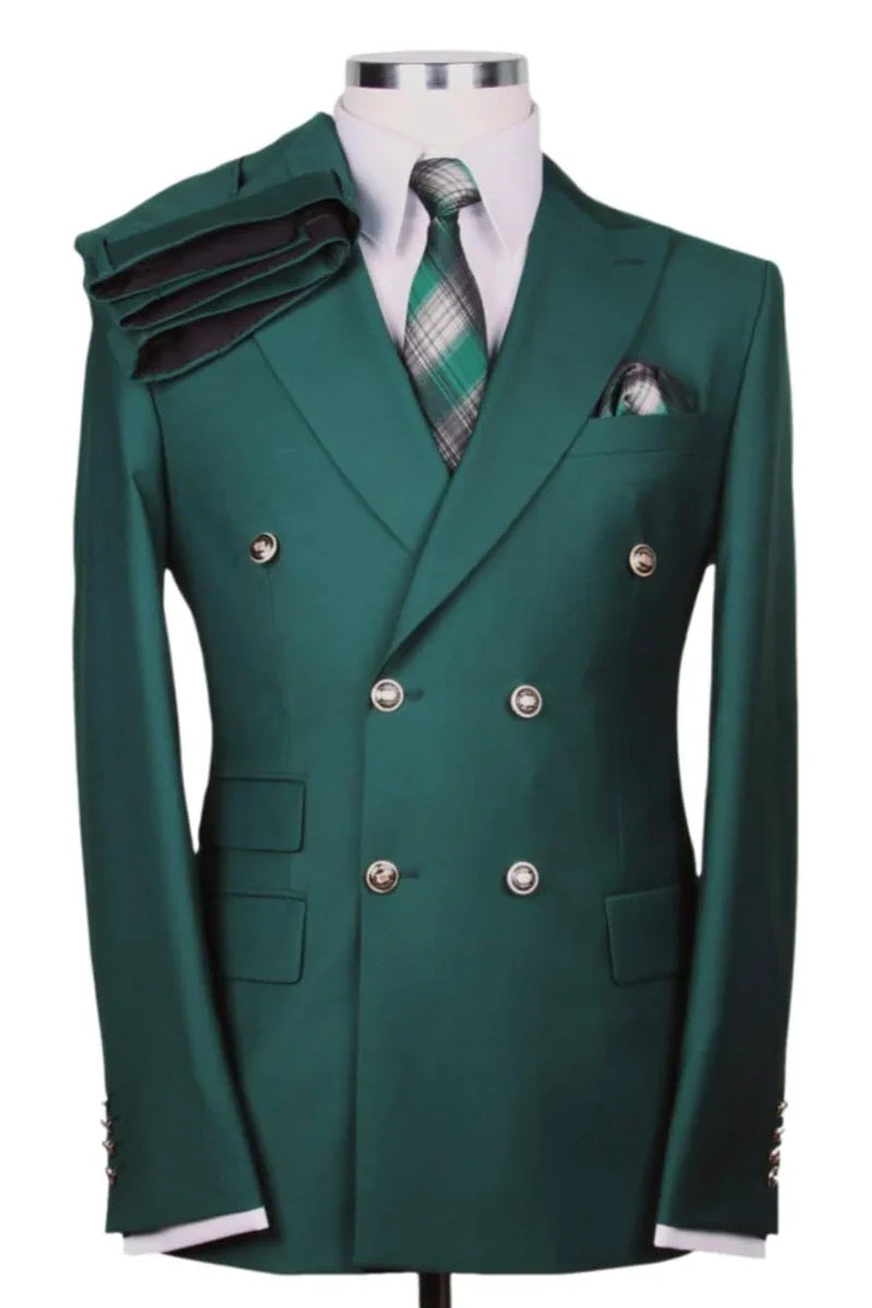 Mens Double breasted Suit - "Hunter Green" 1920s 1980s Style Peak Lapel Suits -  Back Side Vented  Mens Designer Modern Fit Double Breasted Wool Suit with Gold Buttons in Hunter Green Green Prom 2025 Suits - 36 Regular