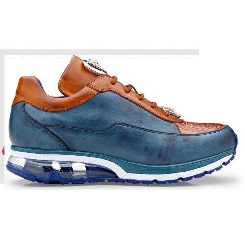 Belvedere  Flash  Antique Blue Safari  Almond Genuine Ostrich  Soft Italian Calf Skin Sneakers - 9