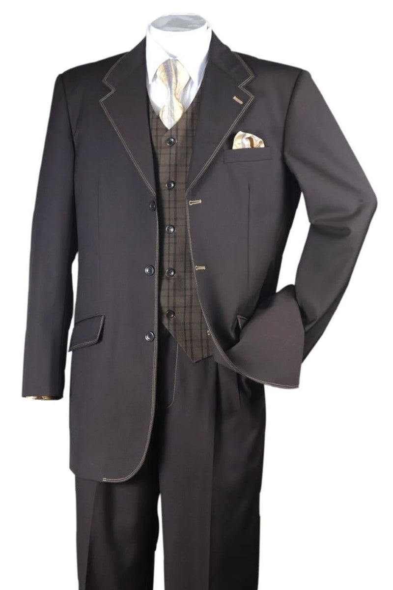 "Brown Men's 3-Button Wide Leg Vested Suit with White Stitching"