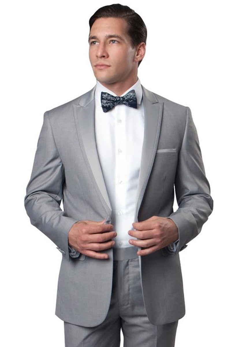 "Light Grey Men's Slim Fit Tuxedo - One Button, Satin Trim, Peak Lapel for Prom 2026 & Wedding" - 36 Short