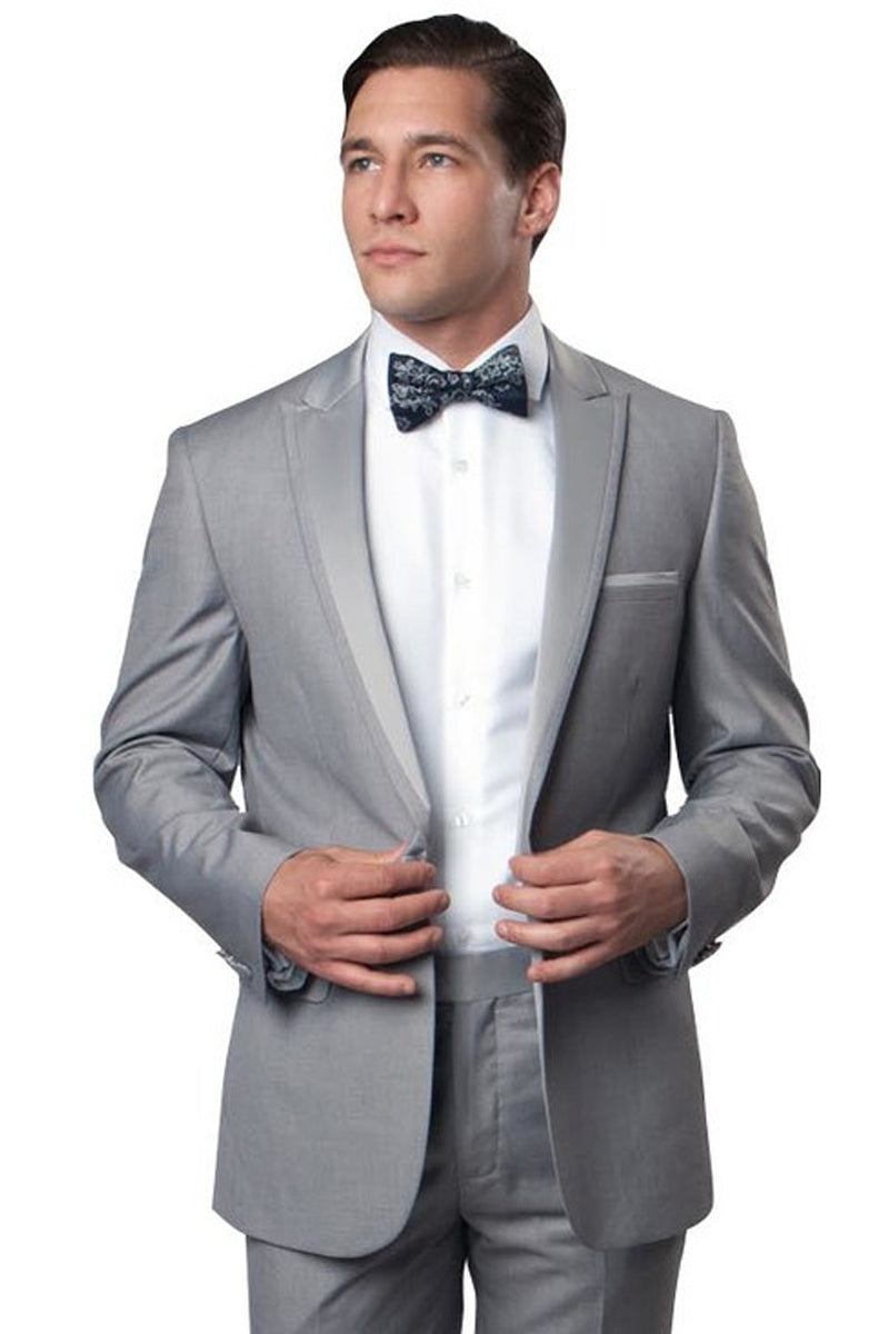"Light Grey Men's Slim Fit Tuxedo - One Button, Satin Trim, Peak Lapel for Prom & Wedding"