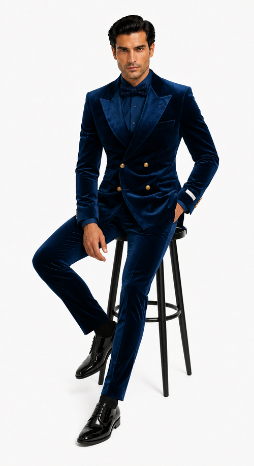 Velvet Suits - Double Breasted Suits - Slim Fit Suit Royal Blue