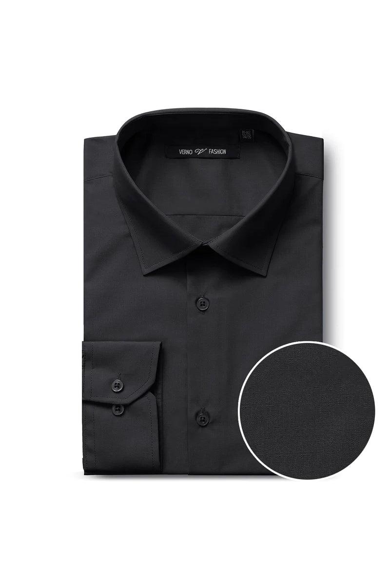 Verno Men's Slim Fit Black Dress Shirt with Spread Collar - Elegant Mensattire