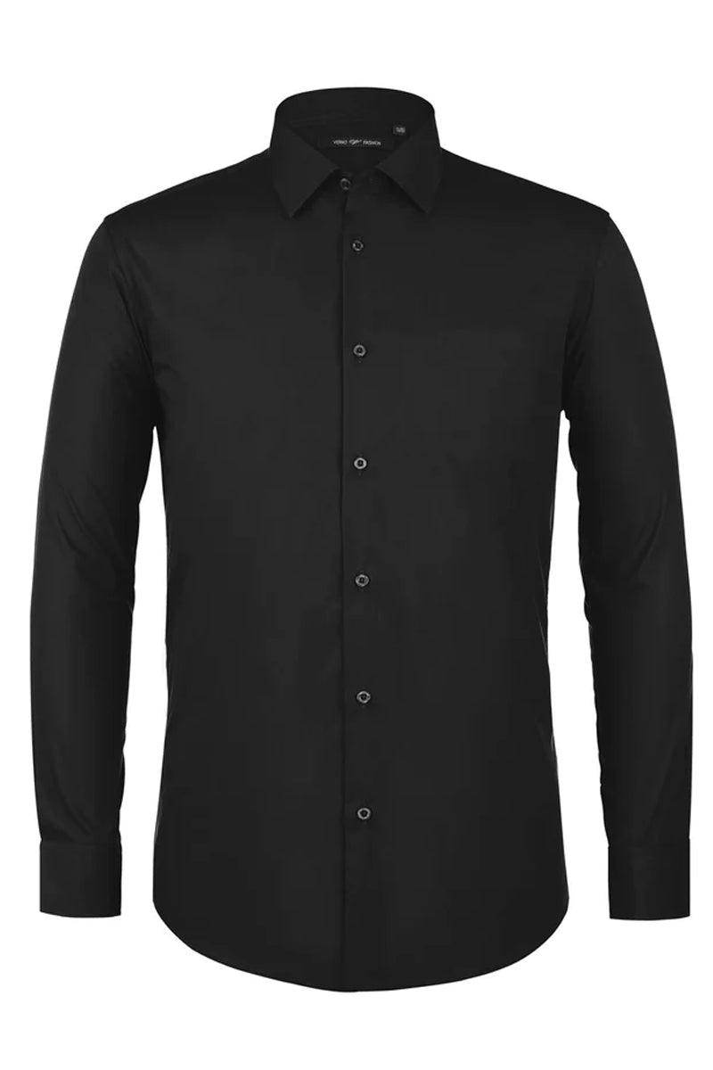 Verno Men's Slim Fit Black Dress Shirt with Spread Collar - Black