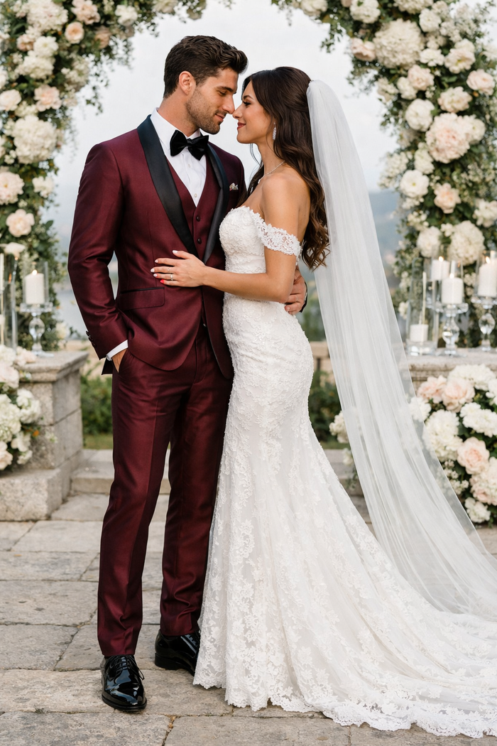 Mens Burgundy Shawl Lapel Tuxedo 3-Piece Versailles Collection