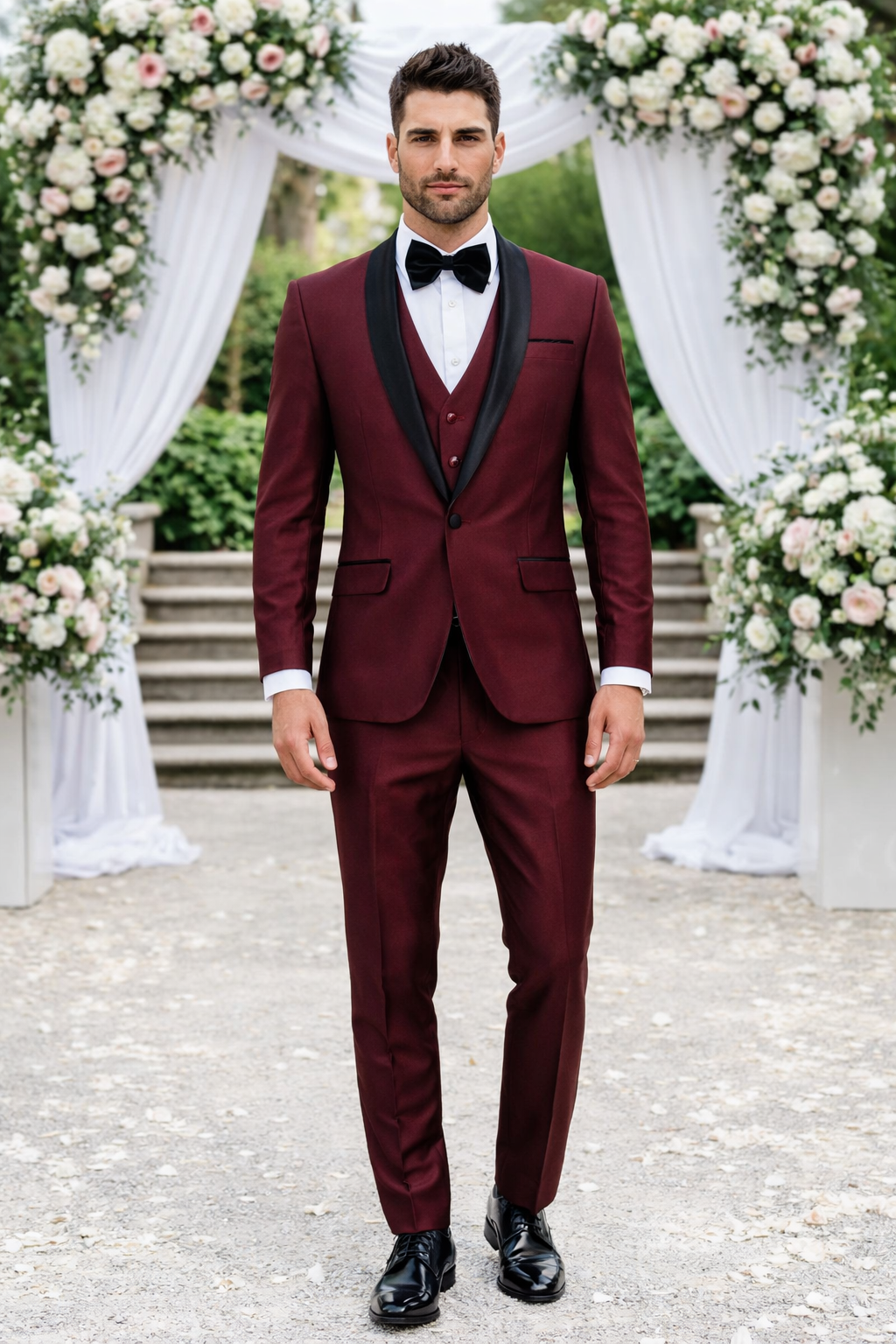 Men’s Burgundy Shawl Lapel Tuxedo 3-Piece – Versailles Collection - 34 Short or Extra Small