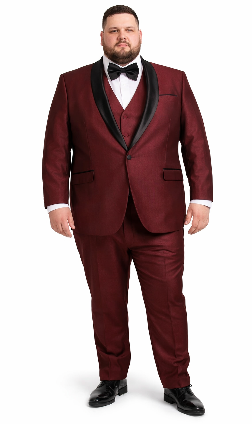 Men’s Burgundy Shawl Lapel Tuxedo 3-Piece – Versailles Collection - 34 Short or Extra Small