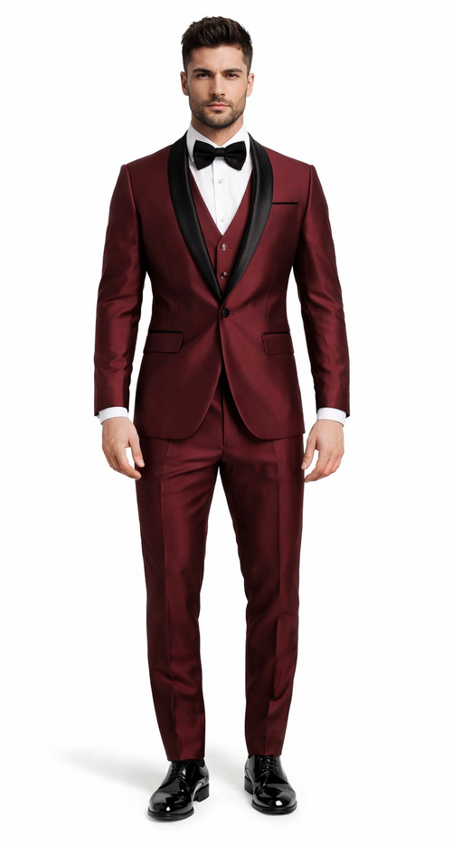 Mens Burgundy Shawl Lapel Tuxedo 3-Piece Versailles Collection