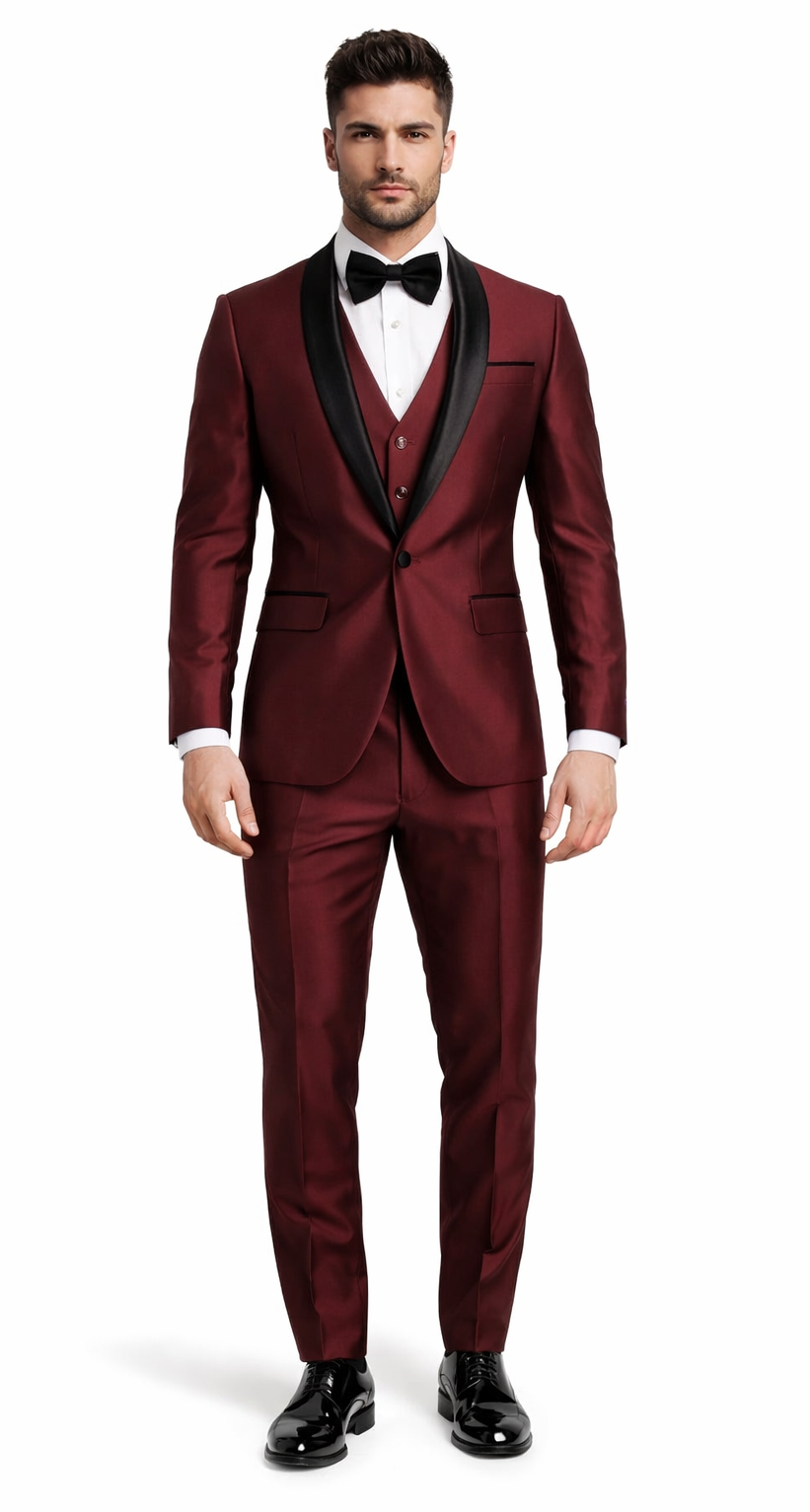 Mens Burgundy Shawl Lapel Tuxedo 3-Piece Versailles Collection