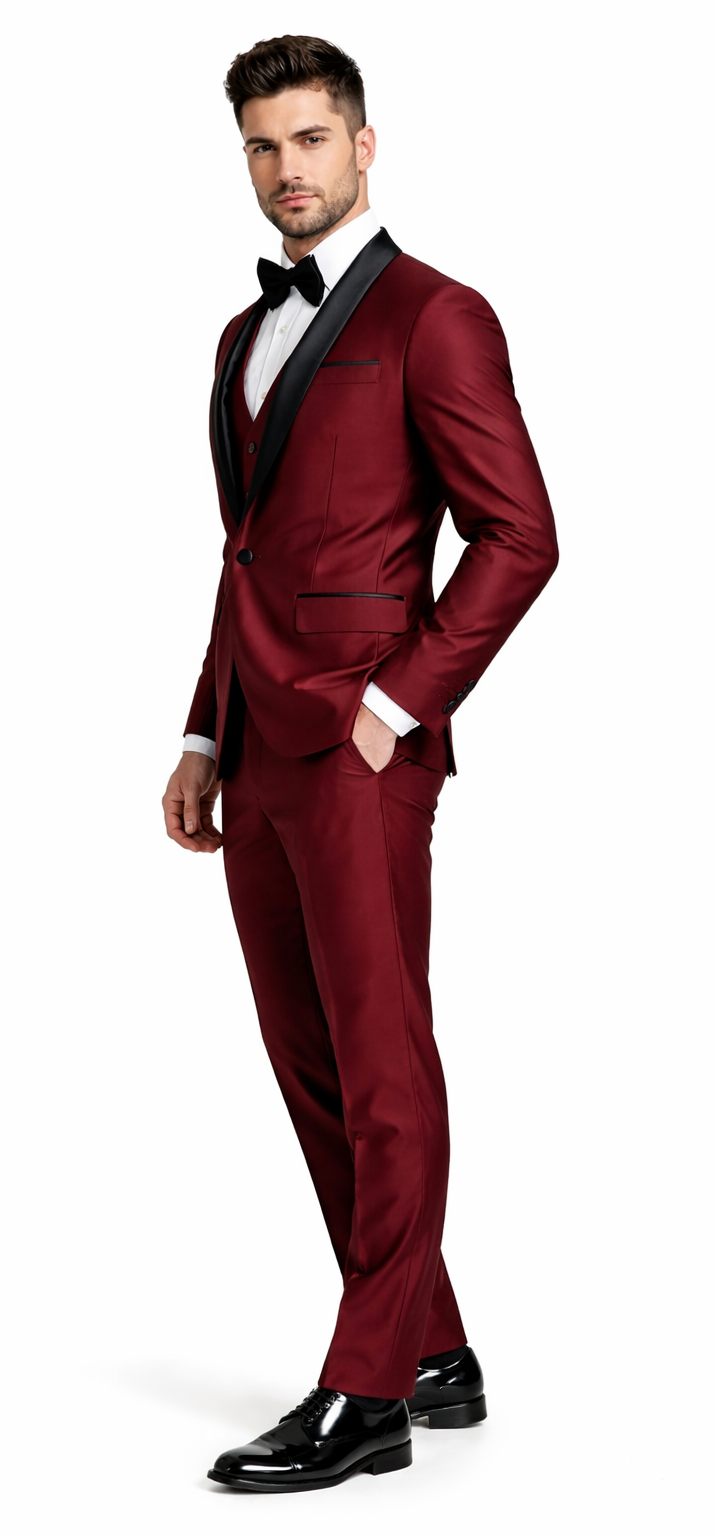 Men’s Burgundy Shawl Lapel Tuxedo 3-Piece – Versailles Collection - 34 Short or Extra Small