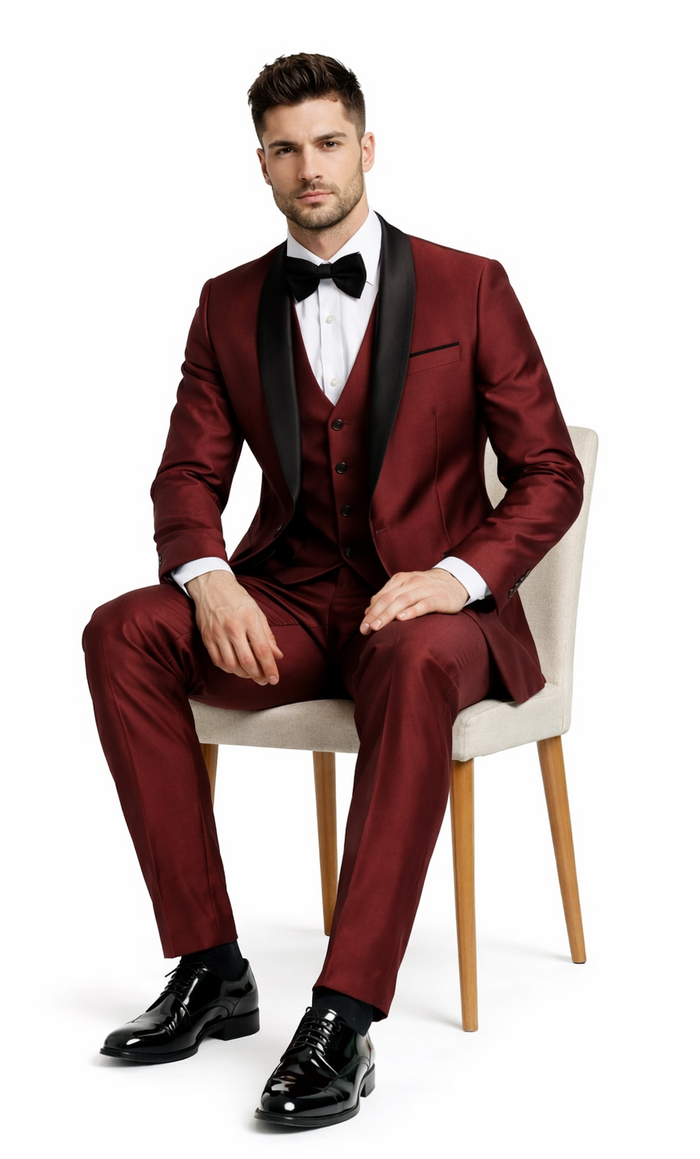 Mens Burgundy Shawl Lapel Tuxedo 3-Piece Versailles Collection