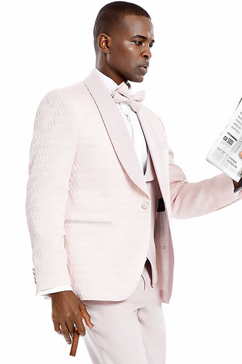 Pink Men's Wedding & Prom 2026 Tuxedo - One Button Vested Honeycomb Lace Design