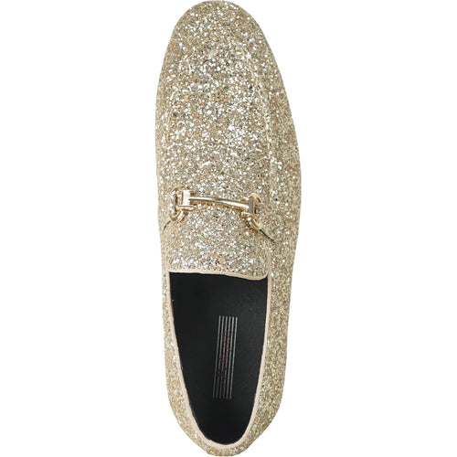 "Gold Sequin Prom 2026 Tuxedo Loafers - Modern Men's Glitter Buckle Shoes"