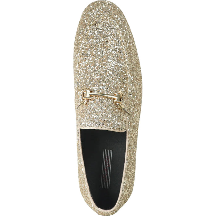 "Gold Sequin Prom 2026 Tuxedo Loafers - Modern Men's Glitter Buckle Shoes"