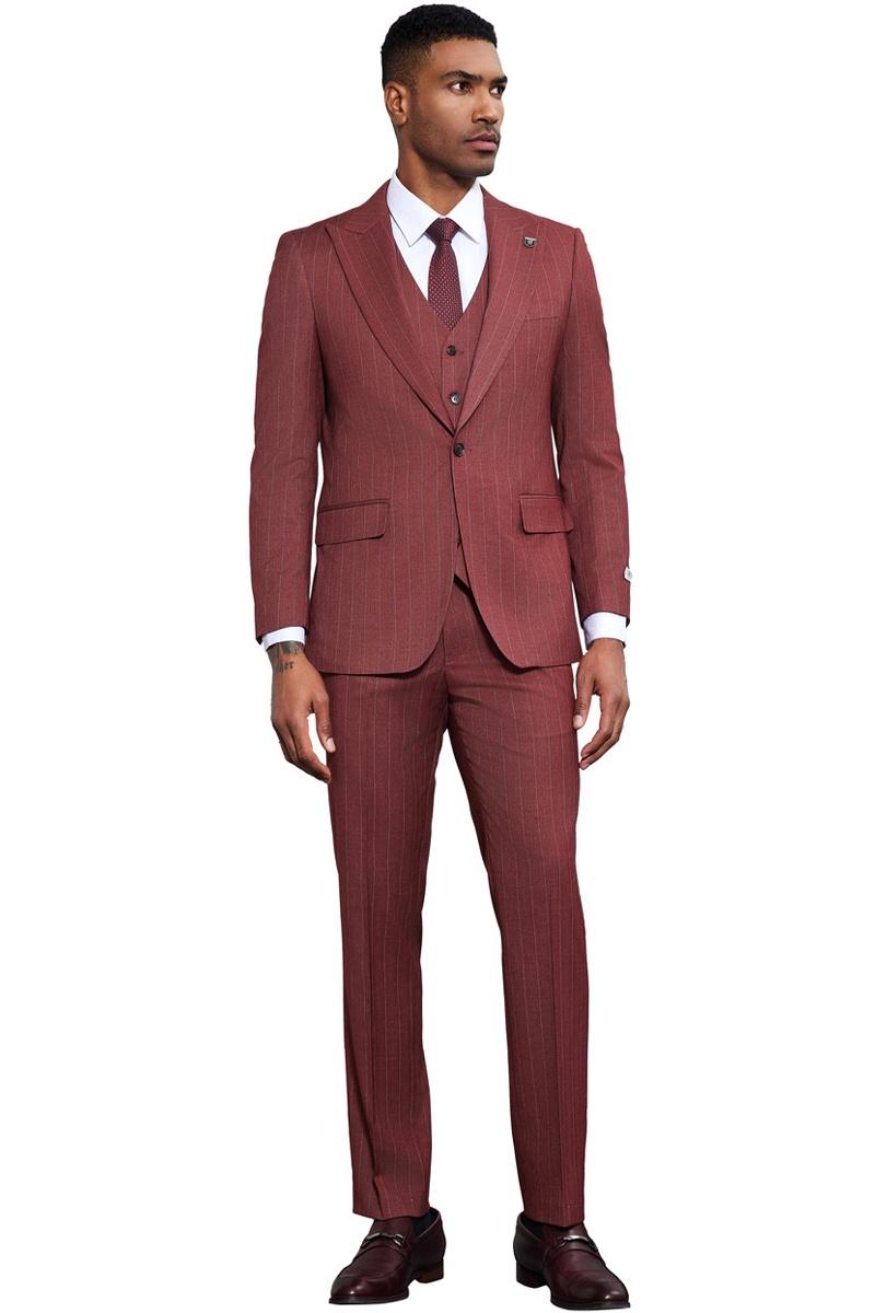 Men's Stacy Adams One Button Peak Lapel Vested Suit in Burgundy Pinstripe - 38 Regular