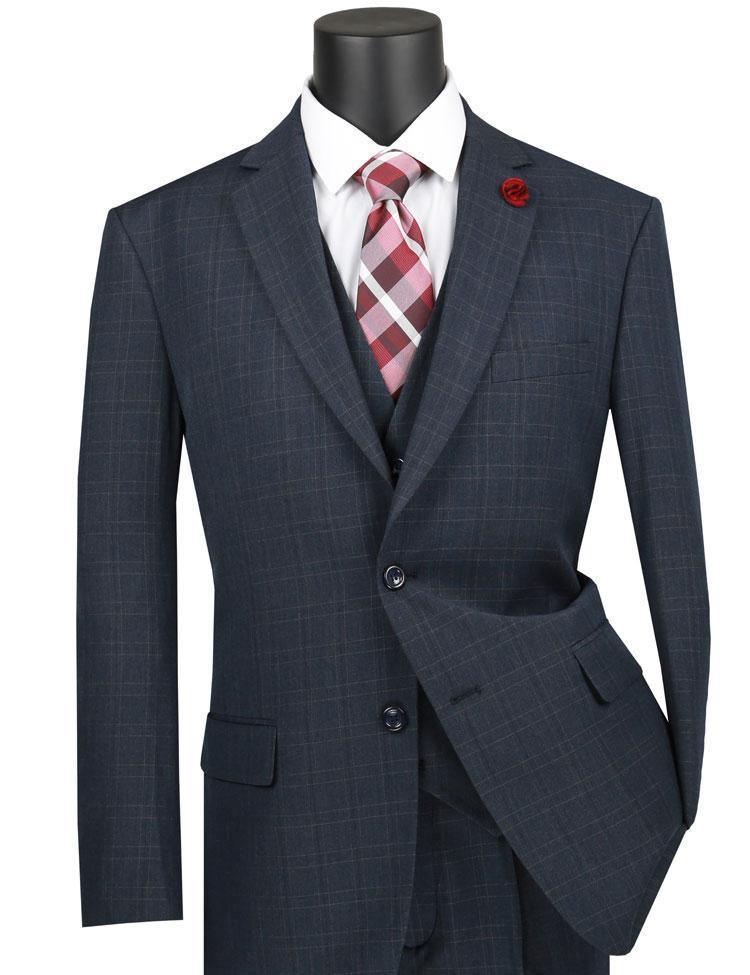 Vinca Collection- Navy Glen Plaid Three Piece Suit Regular Fit - 38 Short  - 32 Waist