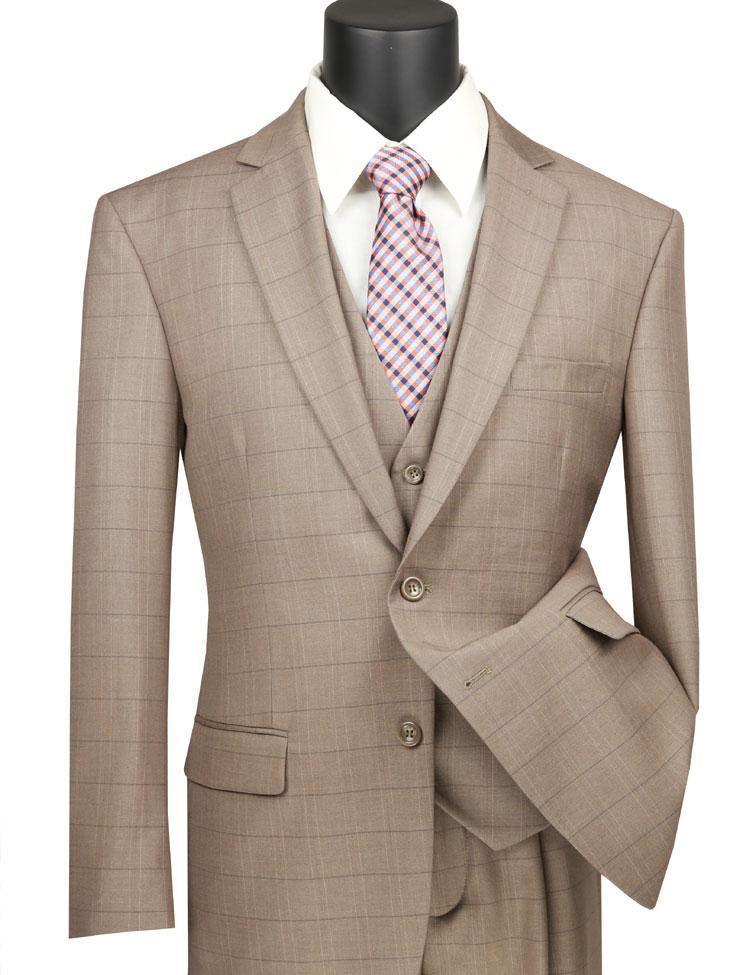 Vinca Collection- Tan Glen Plaid Three Piece Suit Regular Fit - 38 Short  - 32 Waist