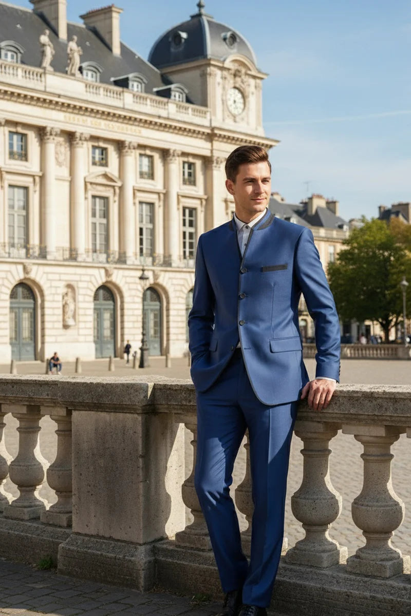 Mens Blue Sharkskin Mandarin Collar Tuxedo - 2 Piece Slim Fit Luxury Set - 34 Short or Extra Small