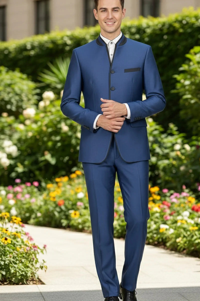 Mens Blue Sharkskin Mandarin Collar Tuxedo - 2 Piece Slim Fit Luxury Set - 34 Short or Extra Small
