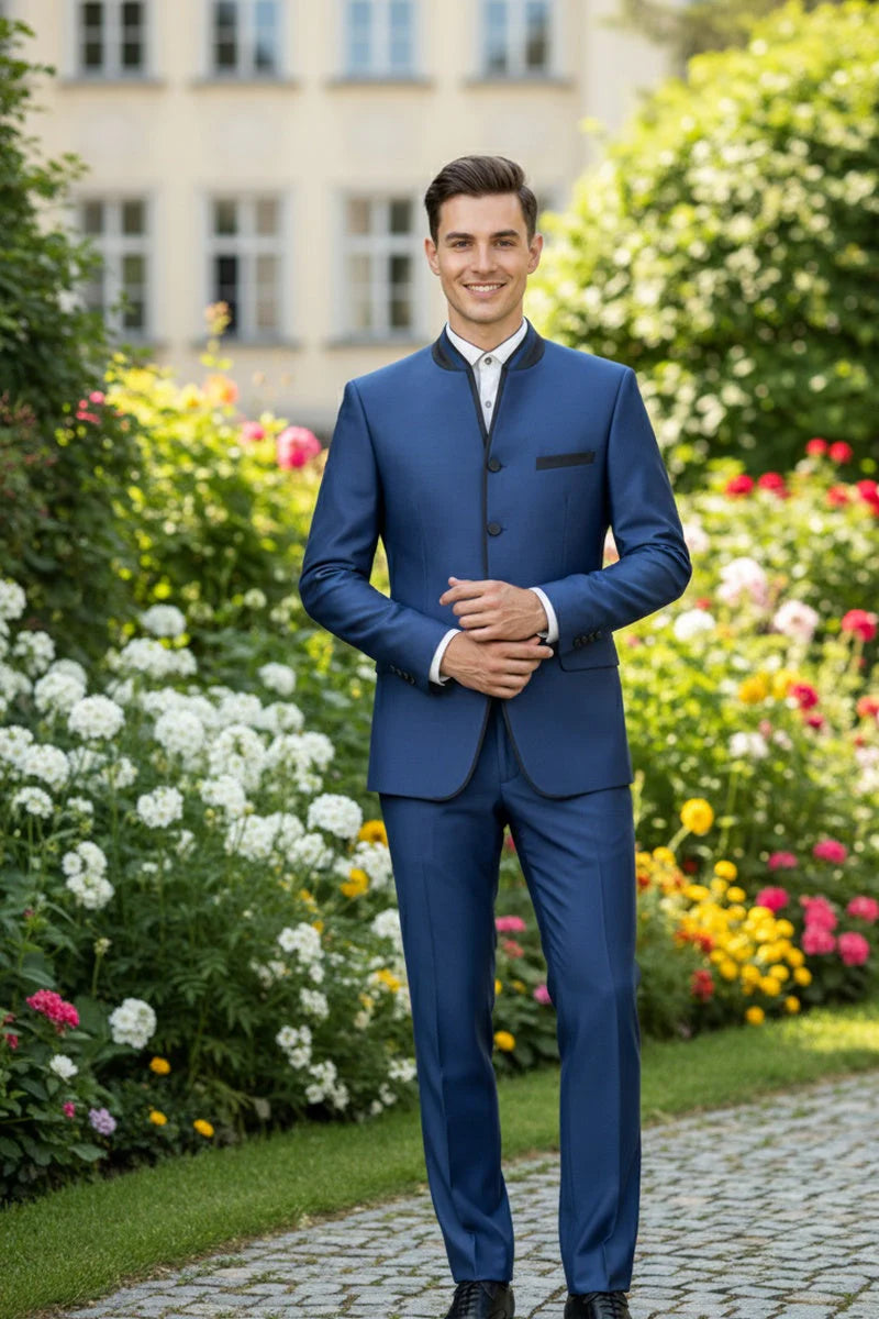 Mens Blue Sharkskin Mandarin Collar Tuxedo - 2 Piece Slim Fit Luxury Set - 34 Short or Extra Small