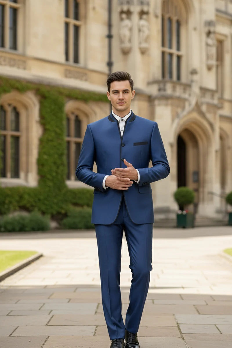 Mens Blue Sharkskin Mandarin Collar Tuxedo - 2 Piece Slim Fit Luxury Set - 34 Short or Extra Small