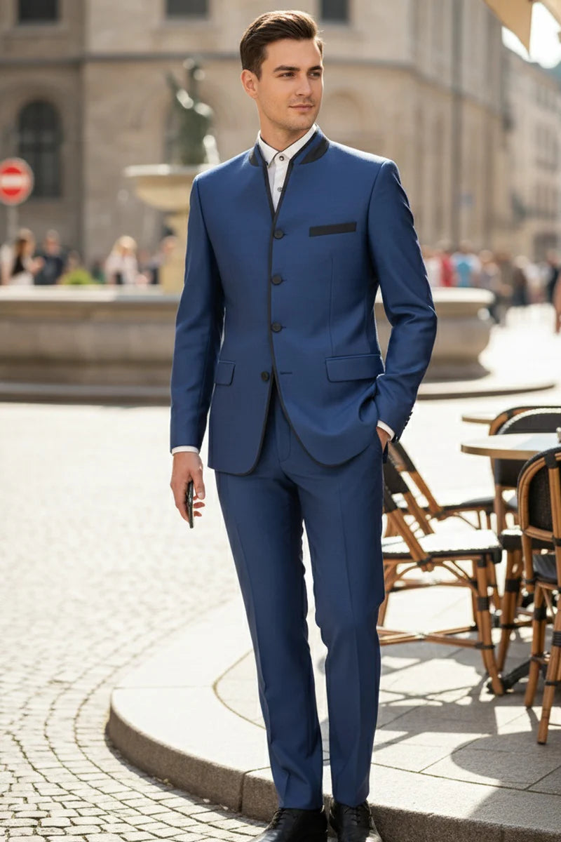 Mens Blue Sharkskin Mandarin Collar Tuxedo - 2 Piece Slim Fit Luxury Set - 34 Short or Extra Small