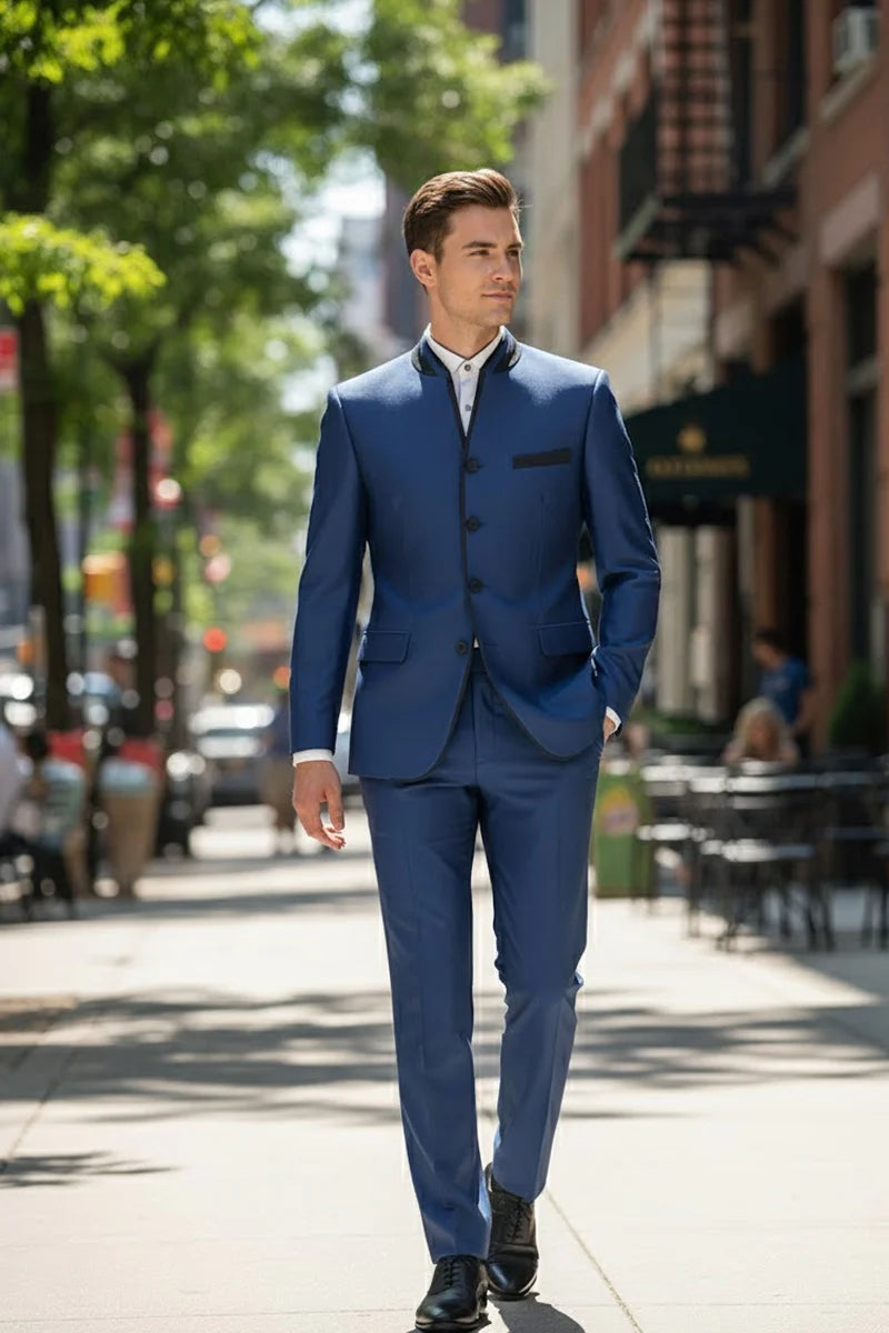 Mens Blue Sharkskin Mandarin Collar Tuxedo - 2 Piece Slim Fit Luxury Set - 34 Short or Extra Small