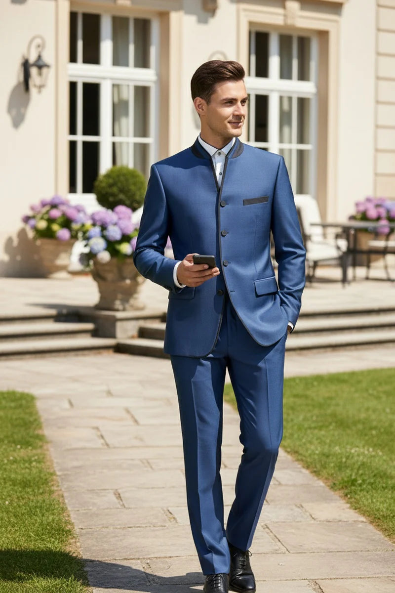Mens Blue Sharkskin Mandarin Collar Tuxedo - 2 Piece Slim Fit Luxury Set - 34 Short or Extra Small