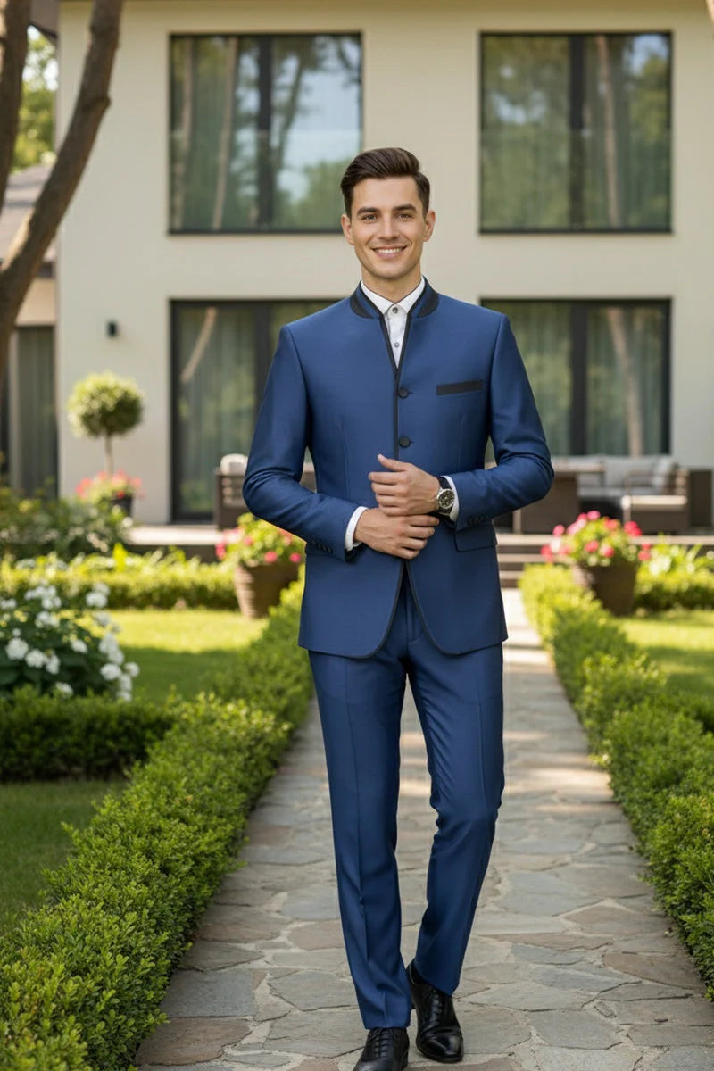 Mens Blue Sharkskin Mandarin Collar Tuxedo - 2 Piece Slim Fit Luxury Set - 34 Short or Extra Small