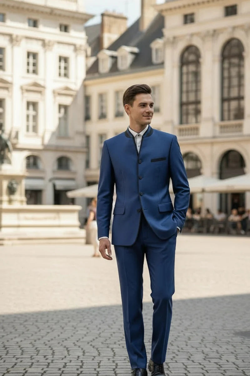Mens Blue Sharkskin Mandarin Collar Tuxedo - 2 Piece Slim Fit Luxury Set - 34 Short or Extra Small