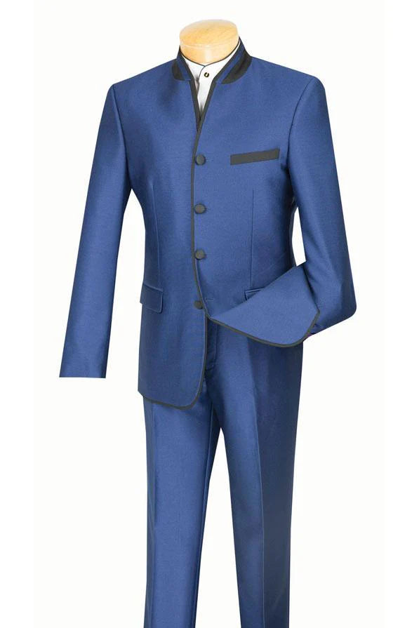 Mens Blue Sharkskin Mandarin Collar Tuxedo - 2 Piece Slim Fit Luxury Set - 34 Short or Extra Small