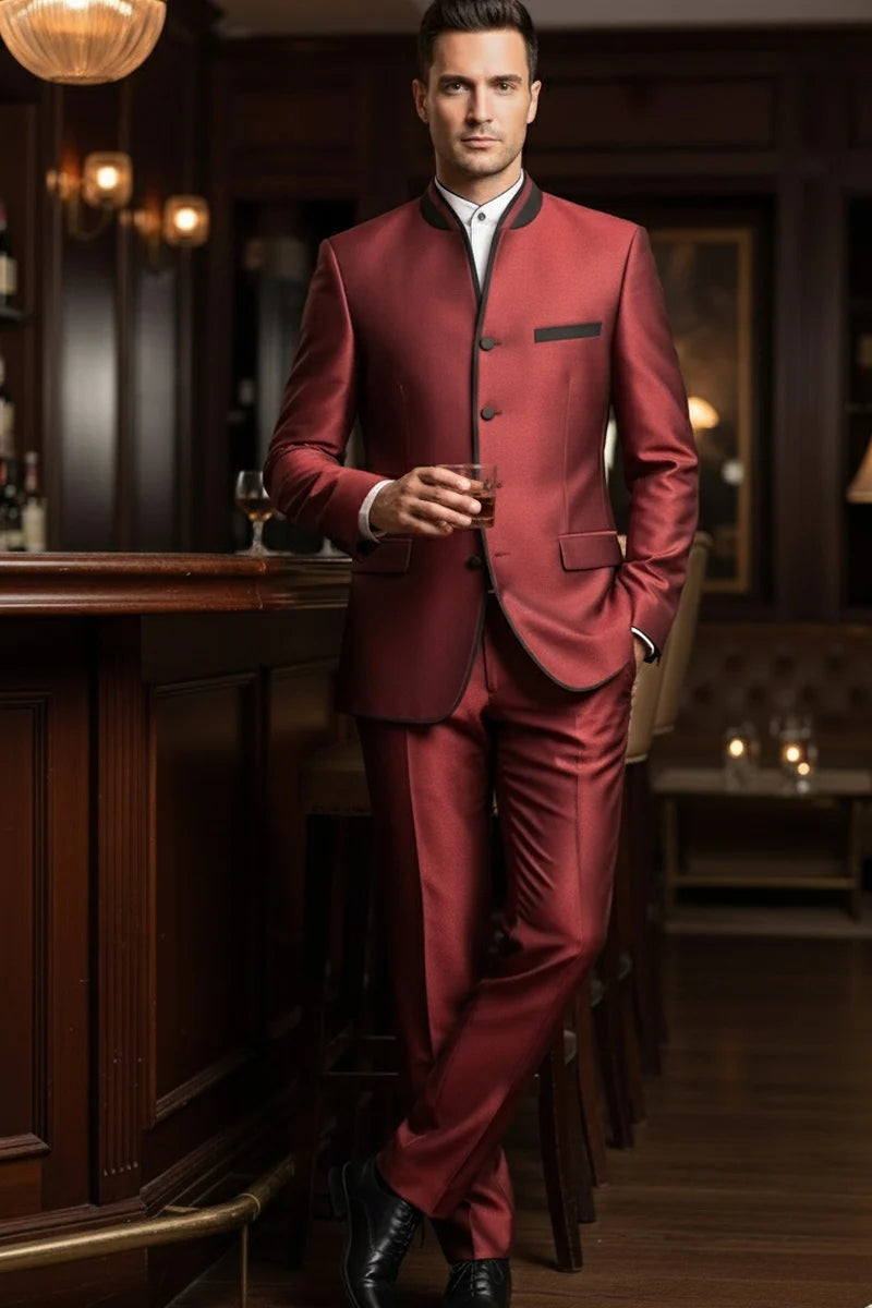 Mens Burgundy Sharkskin Mandarin Collar Tuxedo - 2 Piece Slim Fit Luxury Set - 34 Short or Extra Small