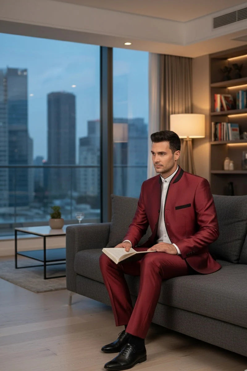Mens Burgundy Sharkskin Mandarin Collar Tuxedo - 2 Piece Slim Fit Luxury Set - 34 Short or Extra Small