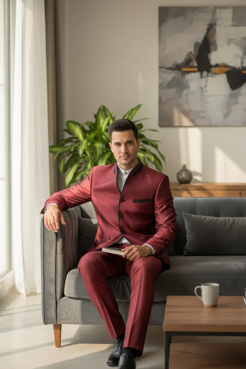 Mens Burgundy Sharkskin Mandarin Collar Tuxedo - 2 Piece Slim Fit Luxury Set - 34 Short or Extra Small