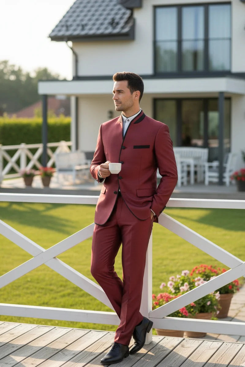 Mens Burgundy Sharkskin Mandarin Collar Tuxedo - 2 Piece Slim Fit Luxury Set - 34 Short or Extra Small