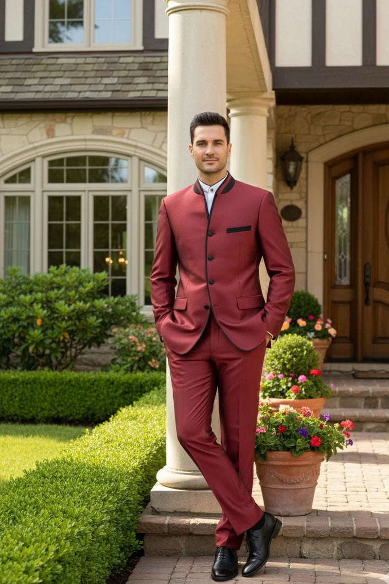 Mens Burgundy Sharkskin Mandarin Collar Tuxedo - 2 Piece Slim Fit Luxury Set - 34 Short or Extra Small