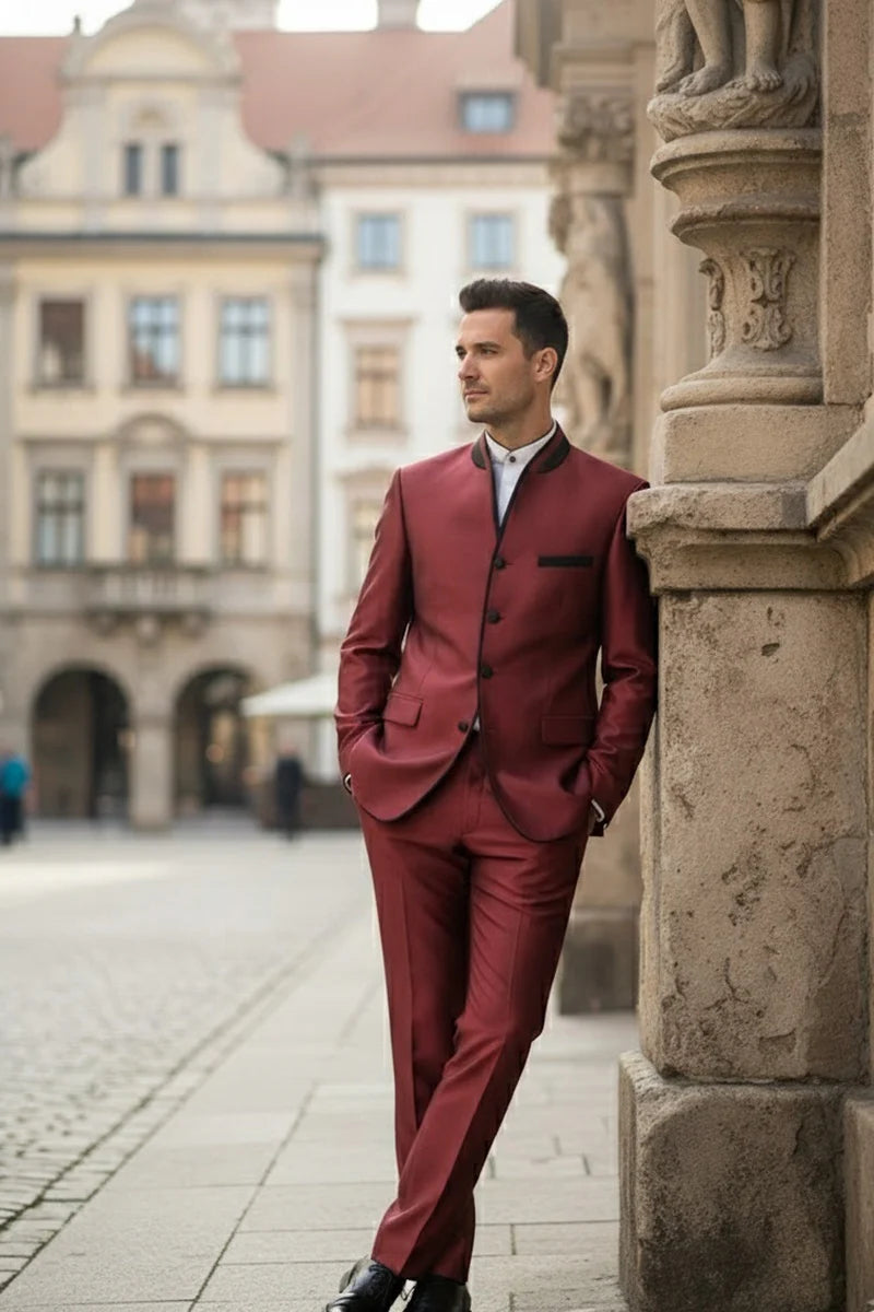 Mens Burgundy Sharkskin Mandarin Collar Tuxedo - 2 Piece Slim Fit Luxury Set - 34 Short or Extra Small