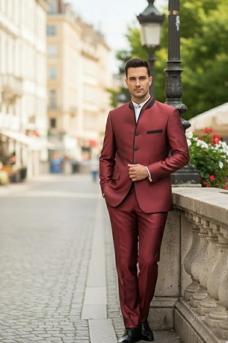 Mens Burgundy Sharkskin Mandarin Collar Tuxedo - 2 Piece Slim Fit Luxury Set - 34 Short or Extra Small