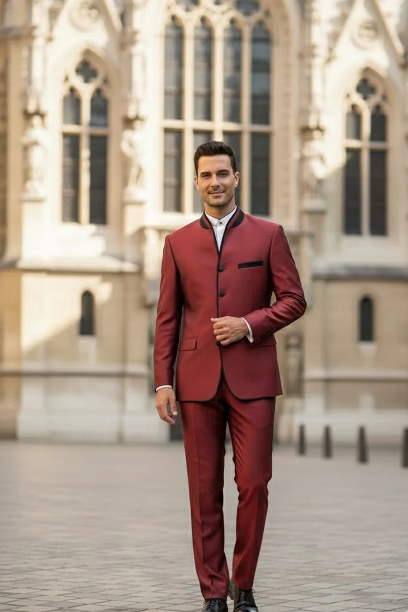 Mens Burgundy Sharkskin Mandarin Collar Tuxedo - 2 Piece Slim Fit Luxury Set - 34 Short or Extra Small