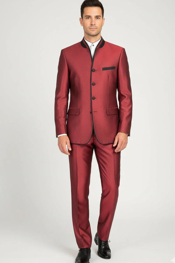 Mens Burgundy Sharkskin Mandarin Collar Tuxedo - 2 Piece Slim Fit Luxury Set