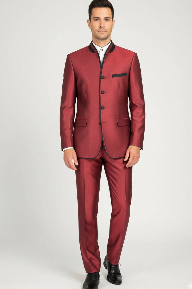 Mens Burgundy Sharkskin Mandarin Collar Tuxedo - 2 Piece Slim Fit Luxury Set - 34 Short or Extra Small
