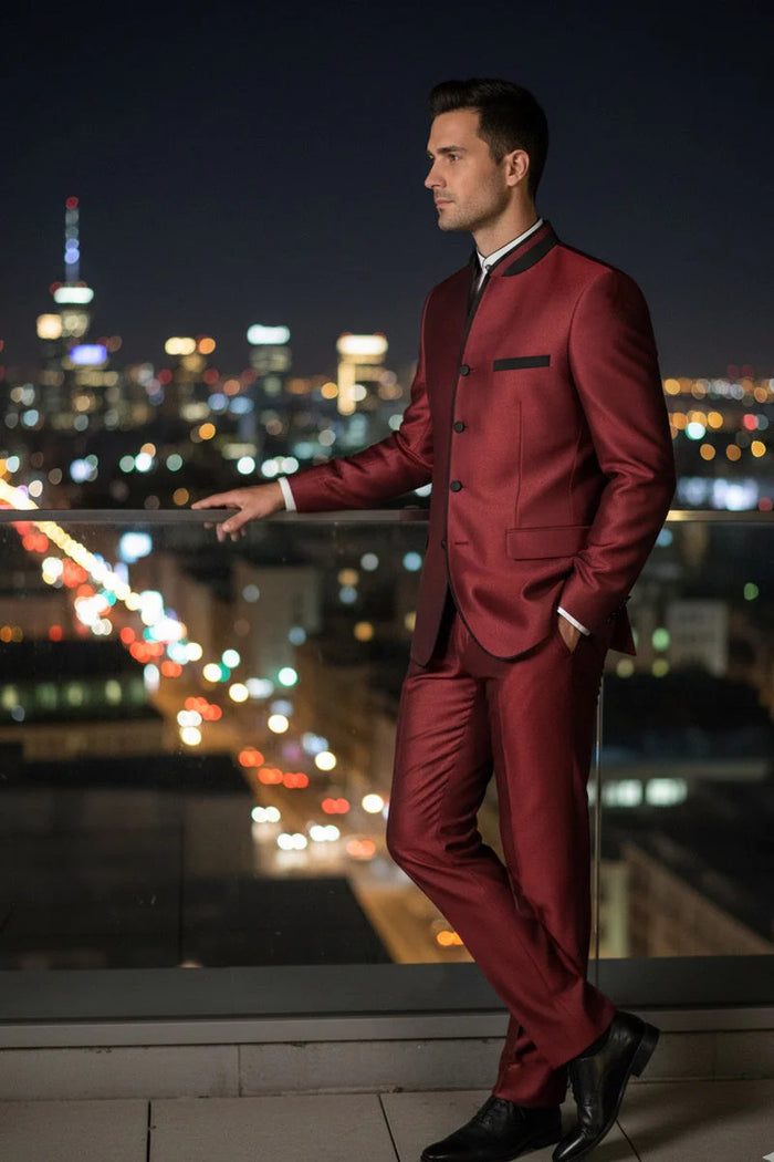 Mens Burgundy Sharkskin Mandarin Collar Tuxedo - 2 Piece Slim Fit Luxury Set