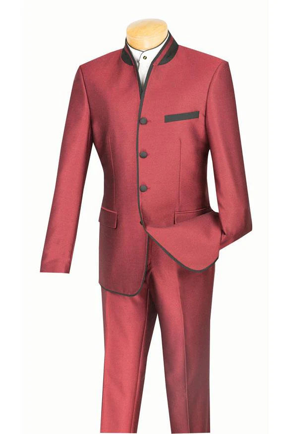 Mens Burgundy Sharkskin Mandarin Collar Tuxedo - 2 Piece Slim Fit Luxury Set - 34 Short or Extra Small