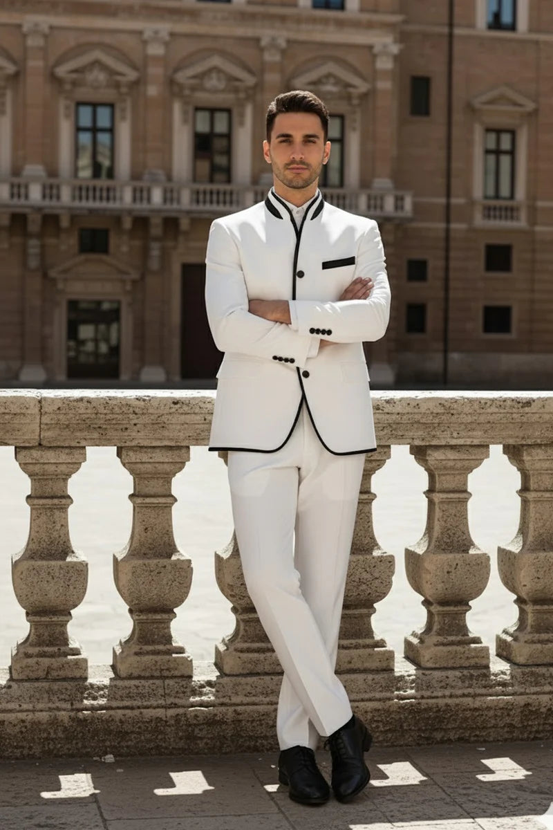 Mens White Sharkskin Mandarin Collar Tuxedo - 2 Piece Slim Fit Luxury Set - 34 Short or Extra Small