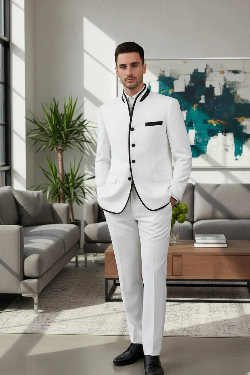 Mens White Sharkskin Mandarin Collar Tuxedo - 2 Piece Slim Fit Luxury Set - 34 Short or Extra Small