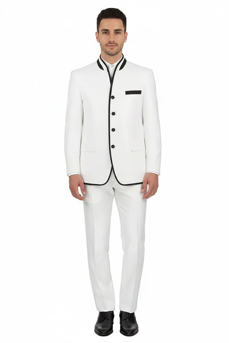 Mens White Sharkskin Mandarin Collar Tuxedo - 2 Piece Slim Fit Luxury Set - 34 Short or Extra Small