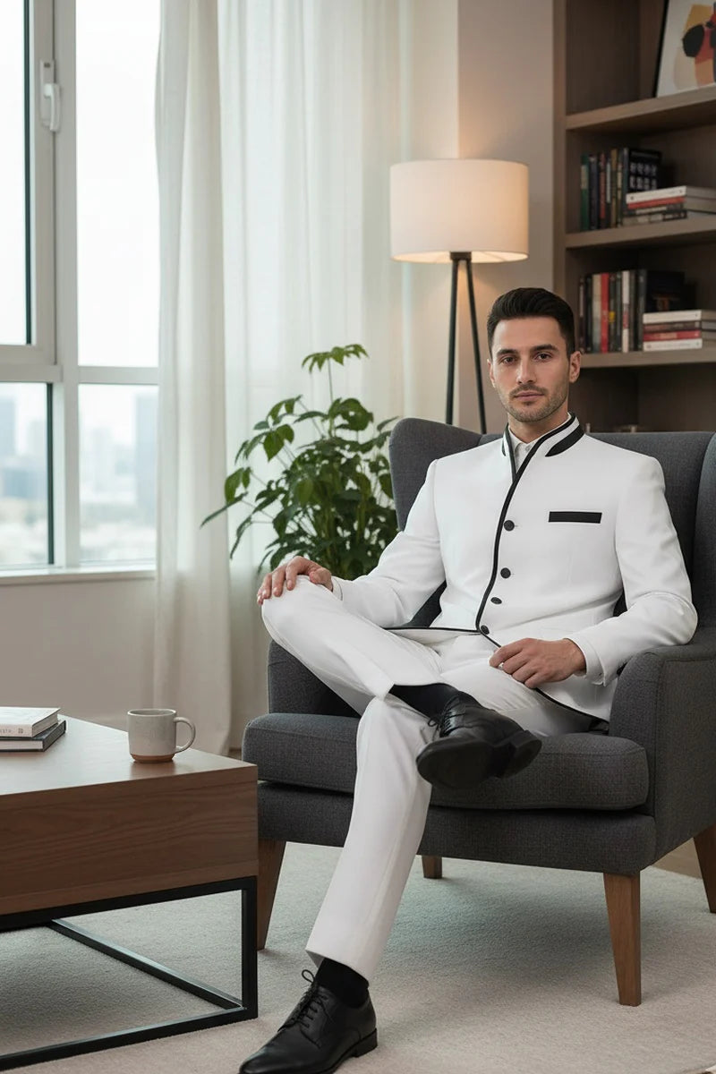 Mens White Sharkskin Mandarin Collar Tuxedo - 2 Piece Slim Fit Luxury Set - 34 Short or Extra Small