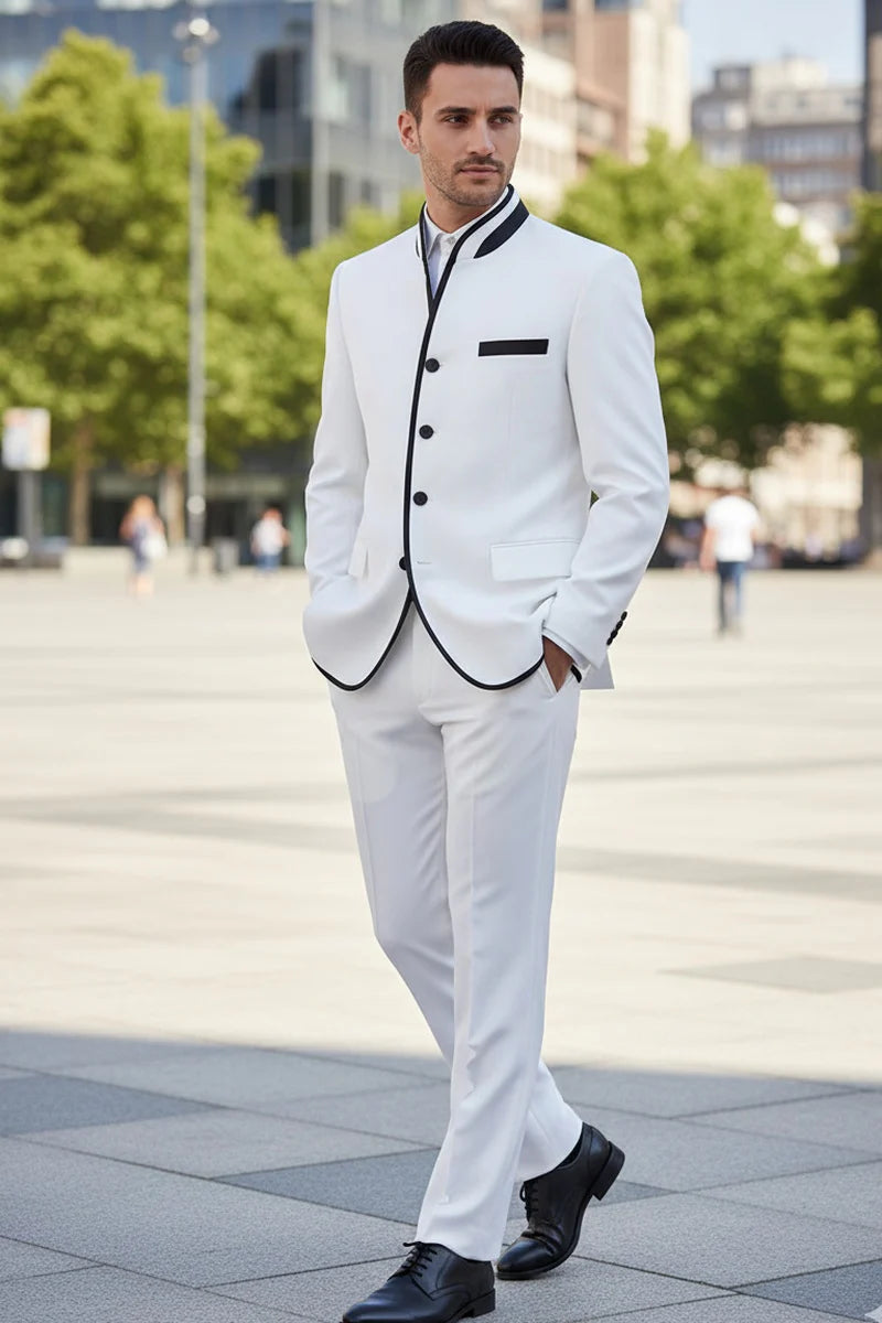 Mens White Sharkskin Mandarin Collar Tuxedo - 2 Piece Slim Fit Luxury Set - 34 Short or Extra Small