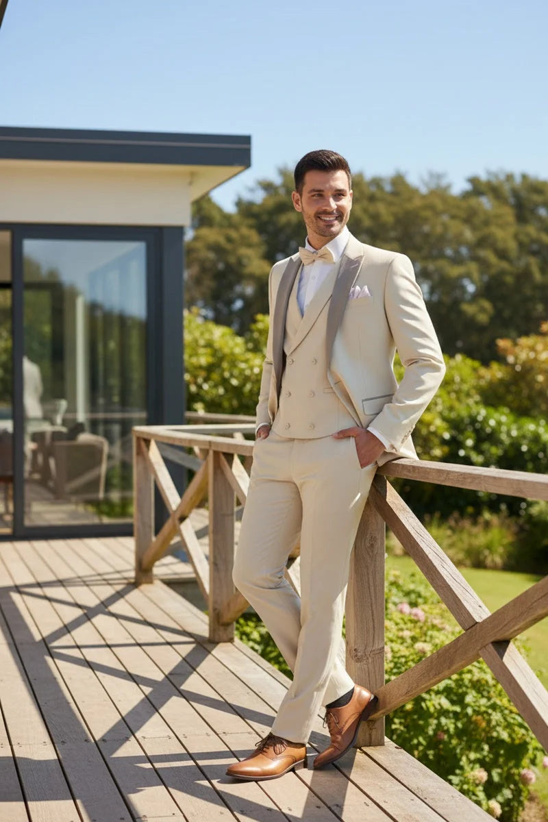 Mens Tan Tuxedo - Beige Suit "Flare" Ecru 1-Button Peak Tuxedo (4-Piece Set) - 34 Short or Extra Small