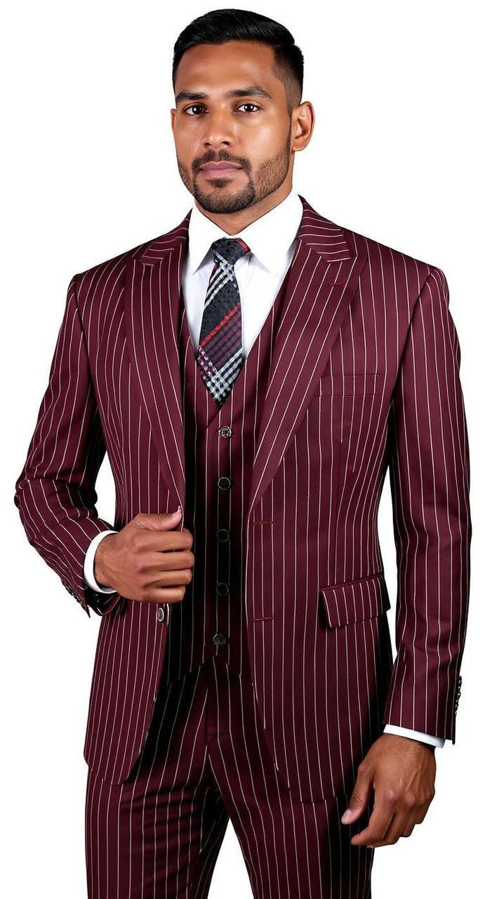 Harlem Nights Suits for Men - Mens 1920s Burgundy Gangster Stripe Suit with Vest Vinci V2RS-9 - 34 Short or Extra Small